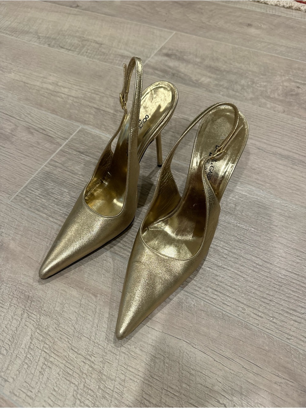 Dolce & Gabbana Metallic Gold Pointed Slingback Stiletto Heels